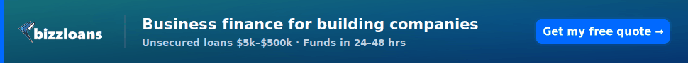Bizzloans — business finance for building companies. Unsecured loans to $500k, equipment & vehicle finance, compare 50+ lenders.