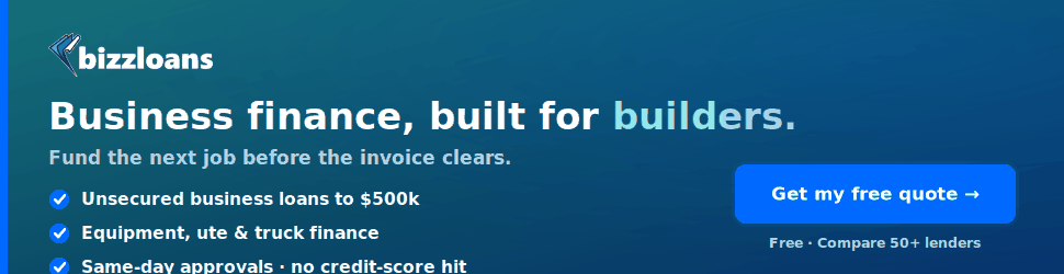 Bizzloans — business finance for building companies. Unsecured loans to $500k, equipment & vehicle finance, compare 50+ lenders.