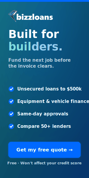 Bizzloans — business finance for building companies. Unsecured loans to $500k, equipment & vehicle finance, compare 50+ lenders.
